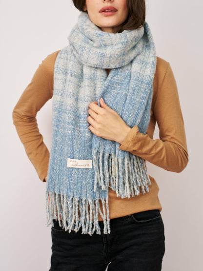 BOUCLE CHECK TASSEL SCARF - BLUE | Vintage Havana Women