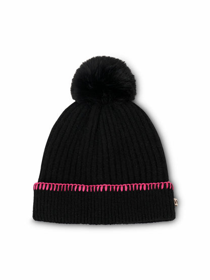 RIBBED POMPOM BEANIE - BLACK/PINK | Vintage Havana Women