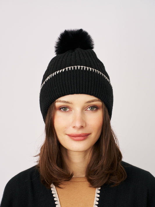 RIBBED POMPOM BEANIE - BLACK/IVORY | Vintage Havana Women