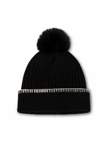 RIBBED POMPOM BEANIE - BLACK/IVORY | Vintage Havana Women