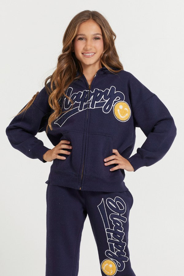 Kids Navy Full Zip Hoodie With Happy Smile Patched Embroidery | Vintage Havana Clothing