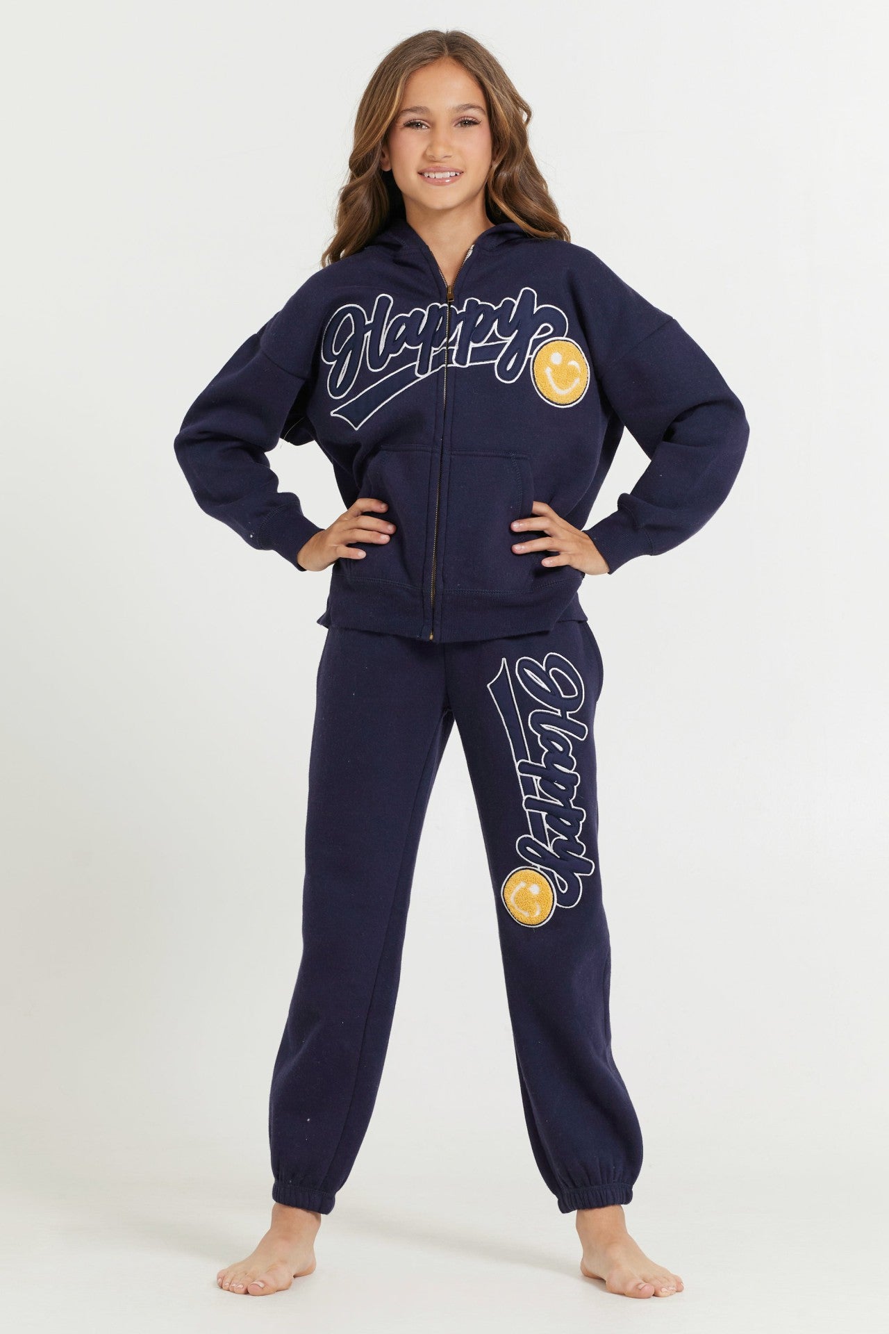 Kids Navy Full Zip Hoodie With Happy Smile Patched Embroidery | Vintage Havana Clothing