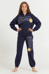 Kids Navy Full Zip Hoodie With Happy Smile Patched Embroidery | Vintage Havana Clothing
