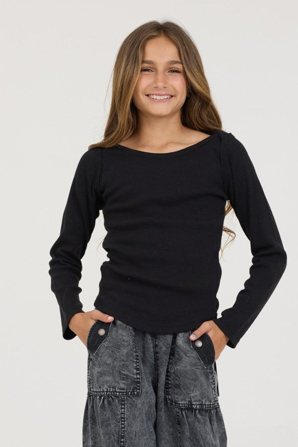 Kids Black Boatneck Ribbed Tee | Vintage Havana Clothing