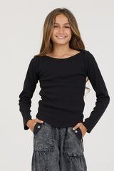 Kids Black Boatneck Ribbed Tee | Vintage Havana Clothing