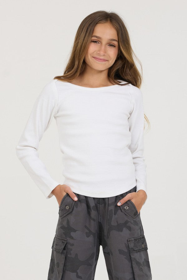 Kids White Boatneck Ribbed Tee | Vintage Havana Clothing