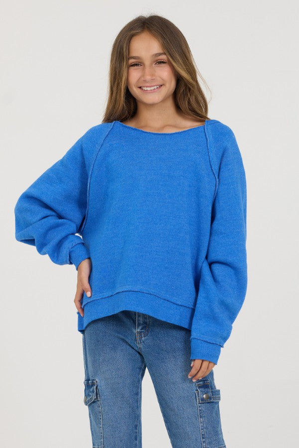 Kids Cobalt Hi-Lo Off The Shoulder Sweatshirt | Vintage Havana Clothing