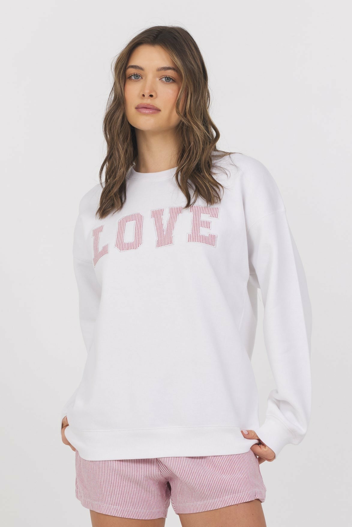 White with Strawberry Stripe "Love" Crewneck | Vintage Havana Clothing