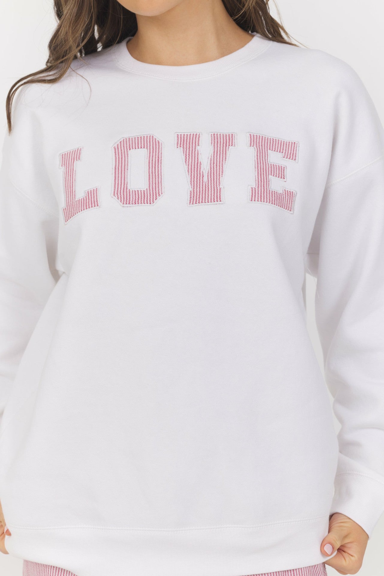 White with Strawberry Stripe "Love" Crewneck | Vintage Havana Clothing