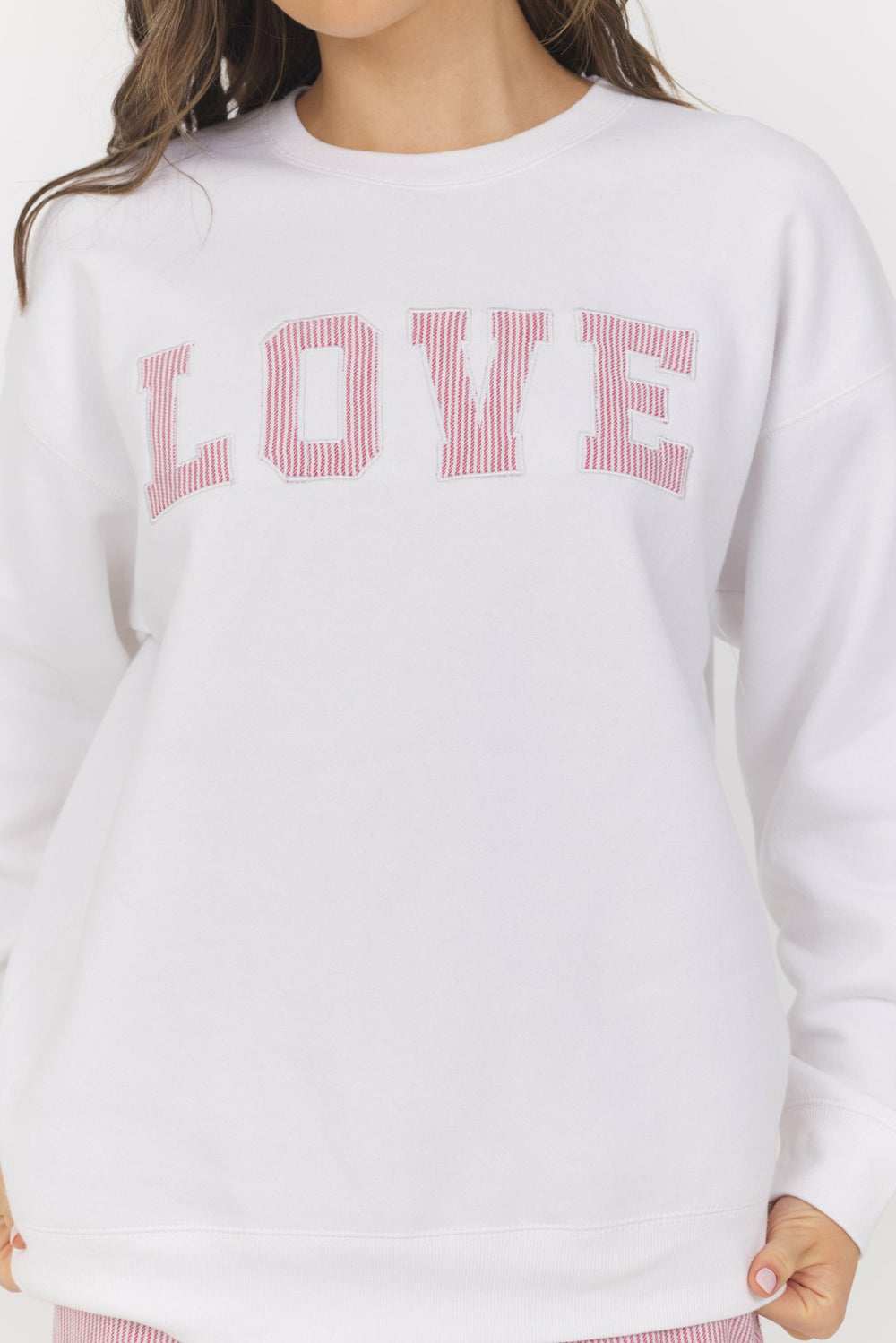 White with Strawberry Stripe "Love" Crewneck | Vintage Havana Clothing