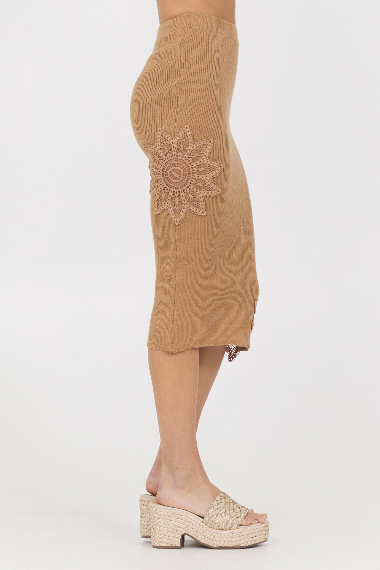 Caramel Rib Midi Skirt w/ Crochet Insert | Vintage Havana Clothing