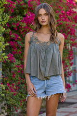 Dusty Olive Slub Jersey Knit Tank w/ Lace Trim | Vintage Havana Clothing