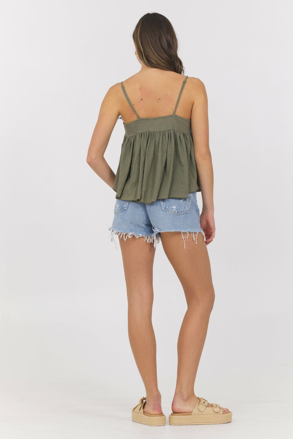 Dusty Olive Slub Jersey Knit Tank w/ Lace Trim | Vintage Havana Clothing