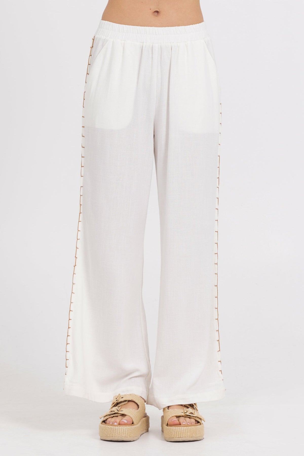 Washed Linen Wide Leg Pants w/ Whip Stitch | Vintage Havana Clothing