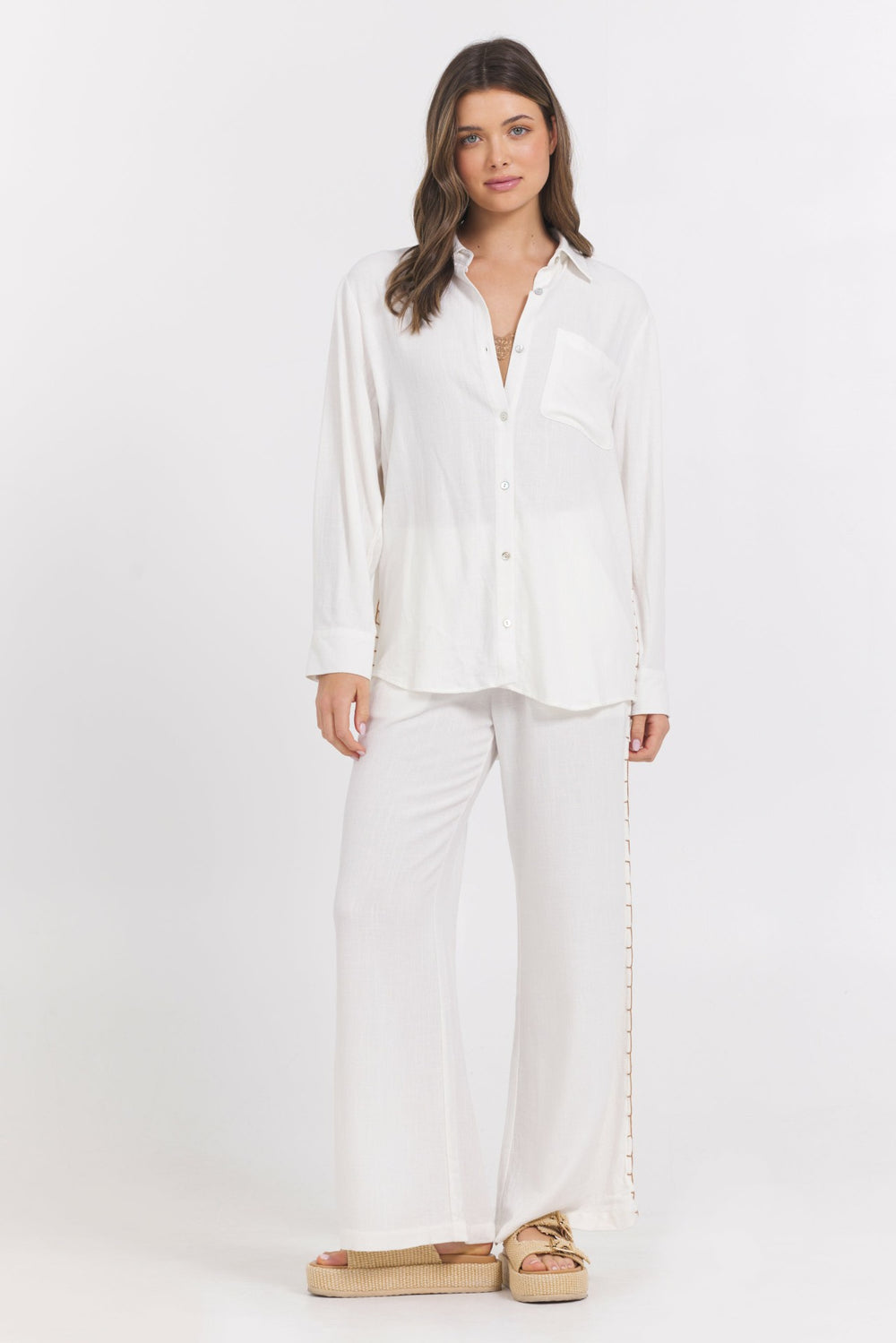 Washed Linen Wide Leg Pants w/ Whip Stitch | Vintage Havana Clothing