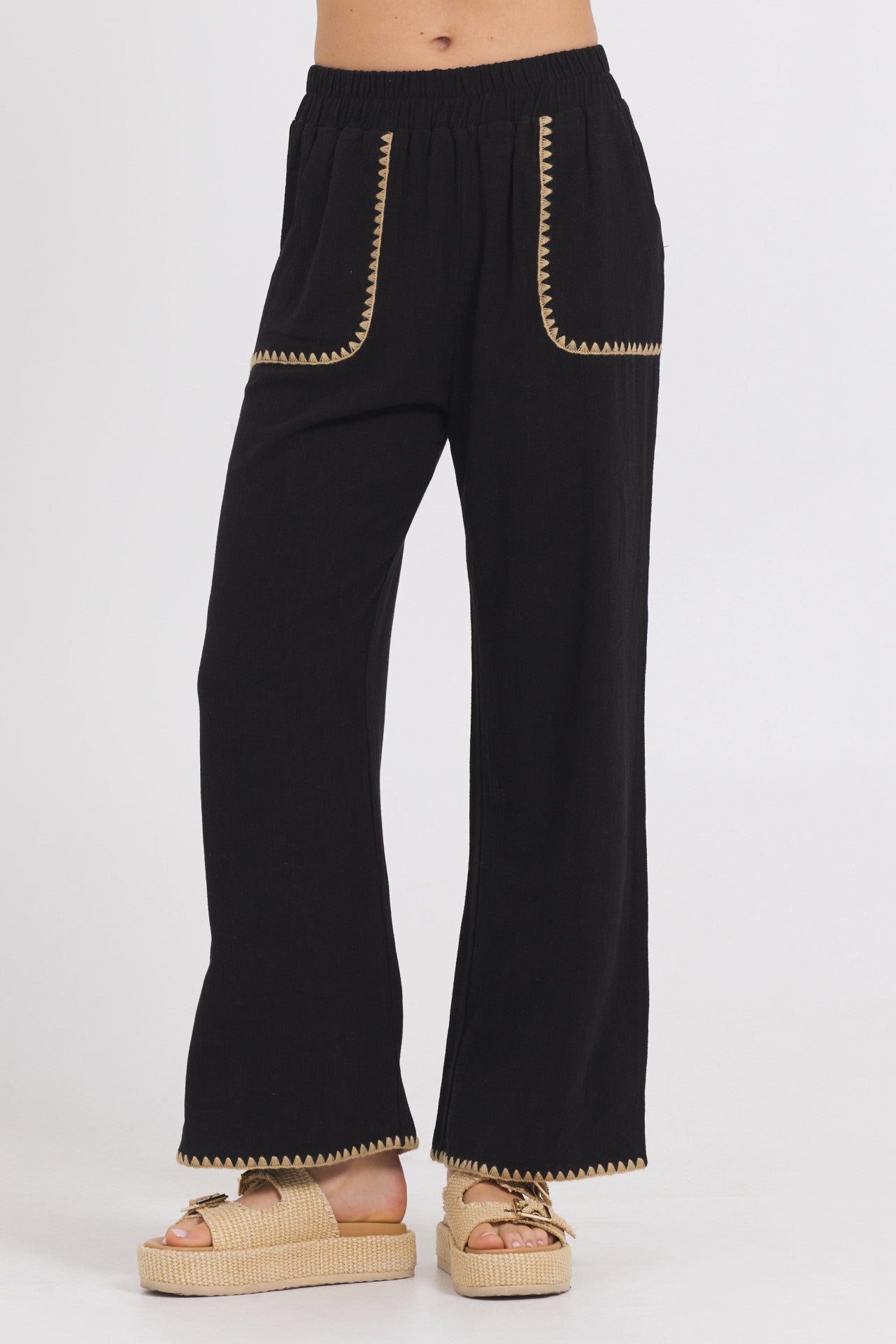 Black Wide Leg Pant w/ Tan Whip Stitch | Vintage Havana Clothing