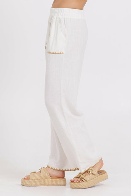 White Wide Leg Pant w/ Tan Whip Stitch | Vintage Havana Women