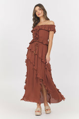 Sedona Sand Ruffle Off Shoulder Top | Vintage Havana Clothing