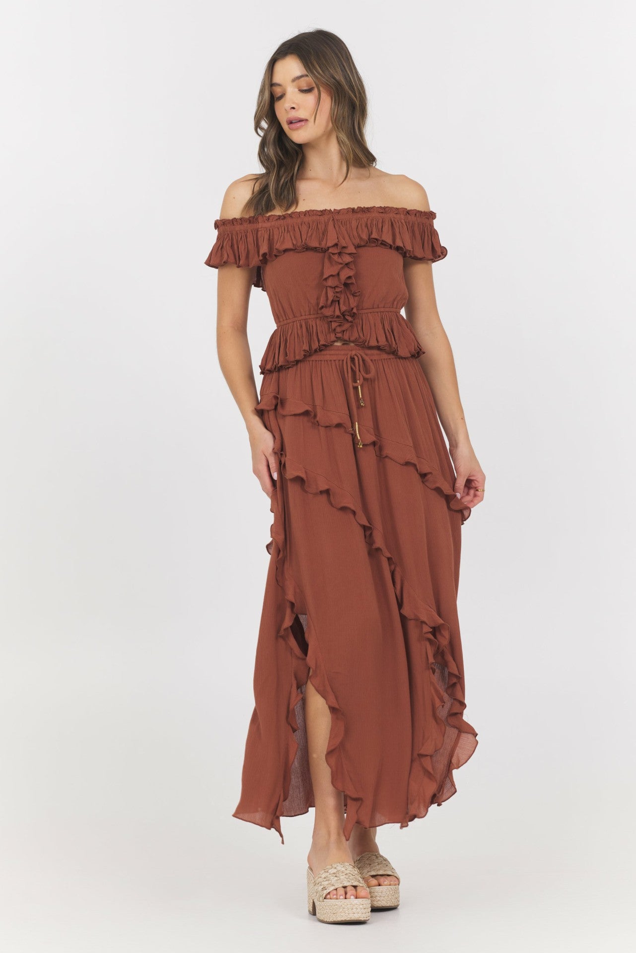 Sedona Sand Ruffle Off Shoulder Top | Vintage Havana Clothing
