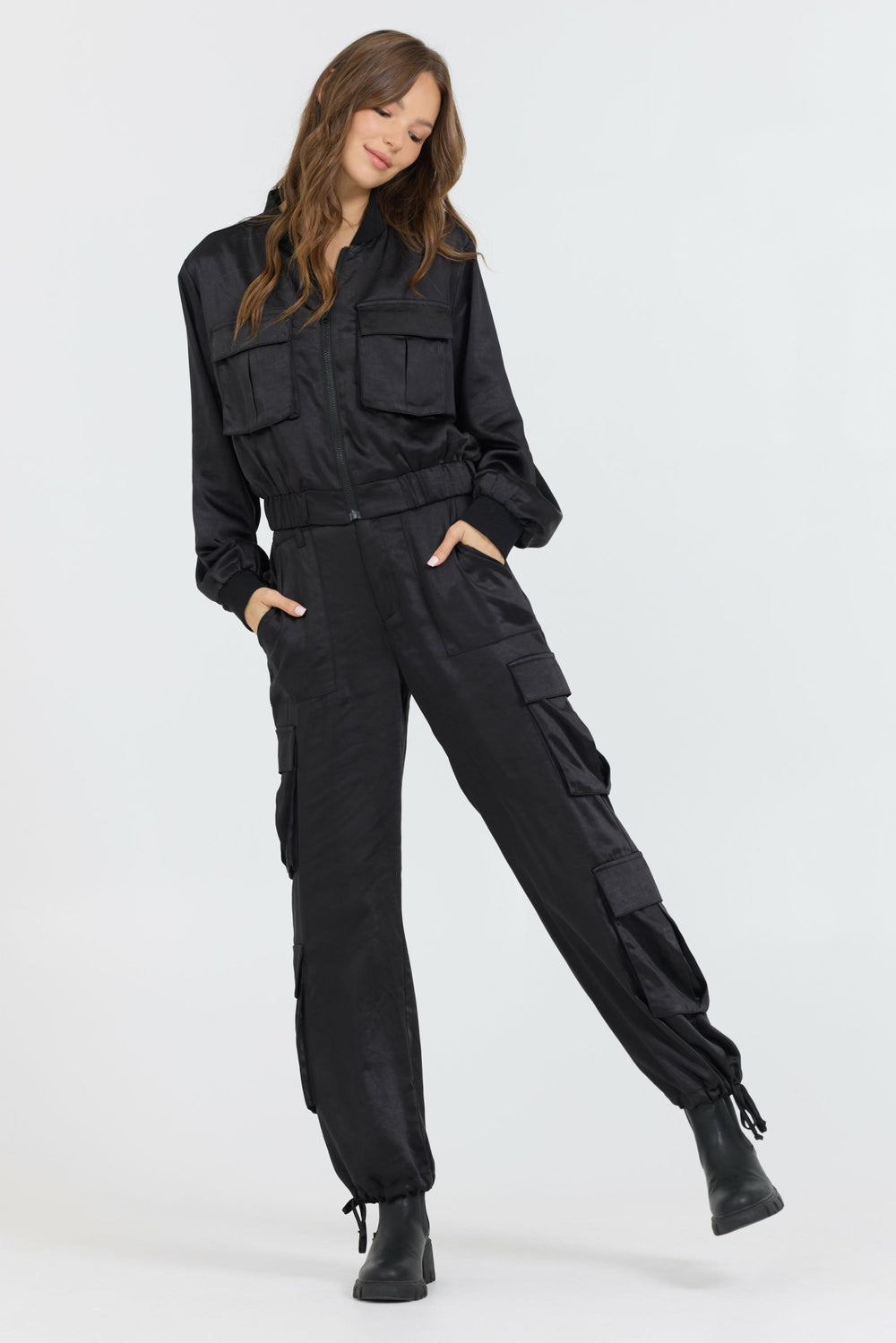 Black Heavy Satin Pants + Bomber 2-Piece Set | Vintage Havana Clothing