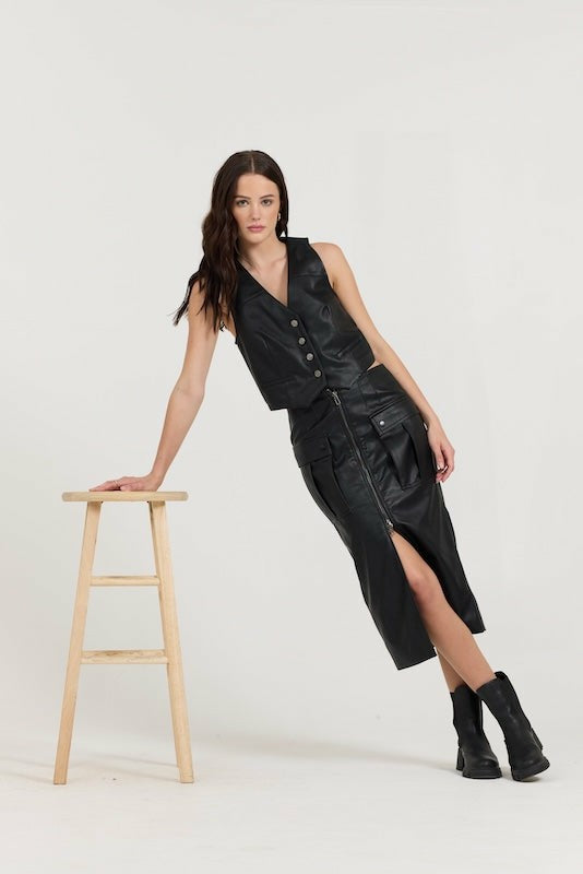 Black Leather Skirt + Vest 2-Piece Set | Vintage Havana Clothing