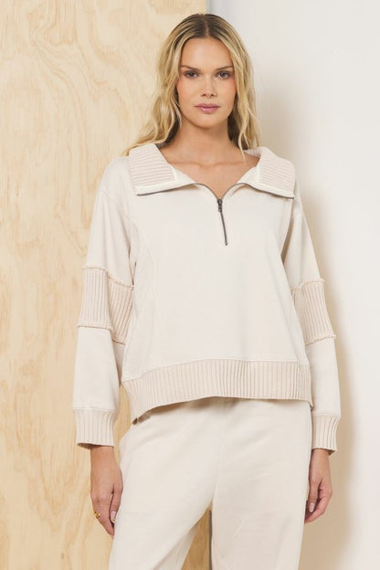 Fleece Quarter Zip w/ Rib Detail - Bone | Vintage Havana Women