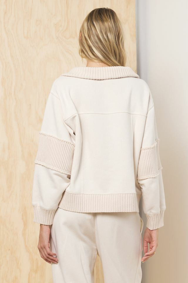 Fleece Quarter Zip w/ Rib Detail - Bone | Vintage Havana Clothing