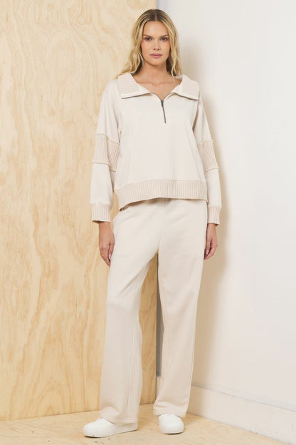 Fleece Quarter Zip w/ Rib Detail - Bone | Vintage Havana Women