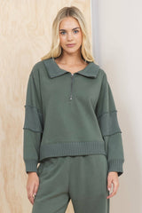 Fleece Quarter Zip w/ Rib Detail - Olive | Vintage Havana Clothing