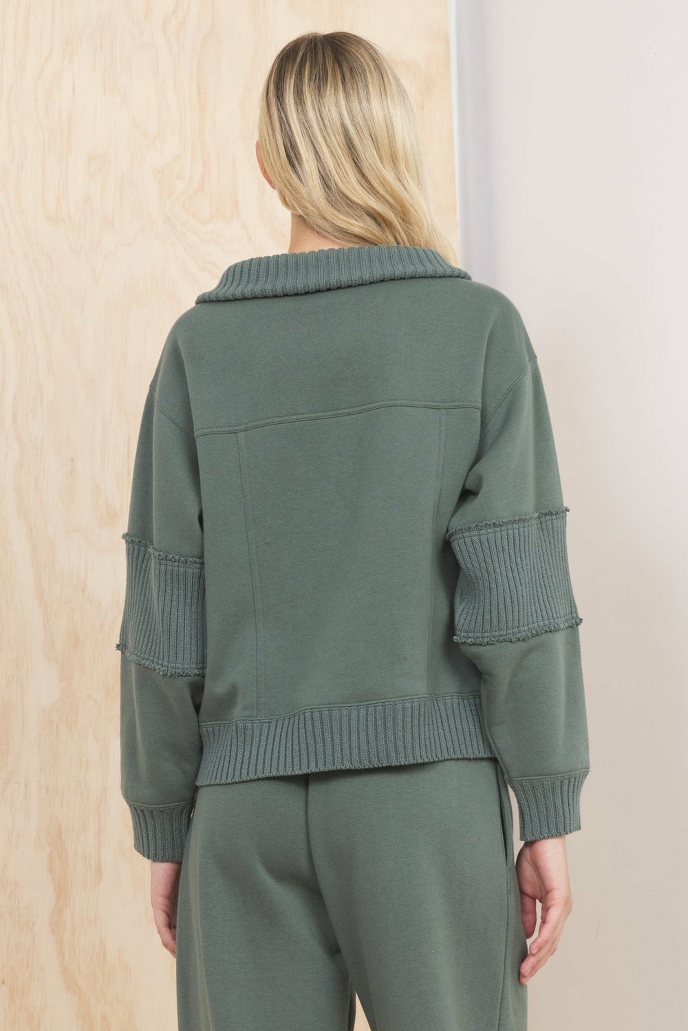 Fleece Quarter Zip w/ Rib Detail - Olive | Vintage Havana Clothing