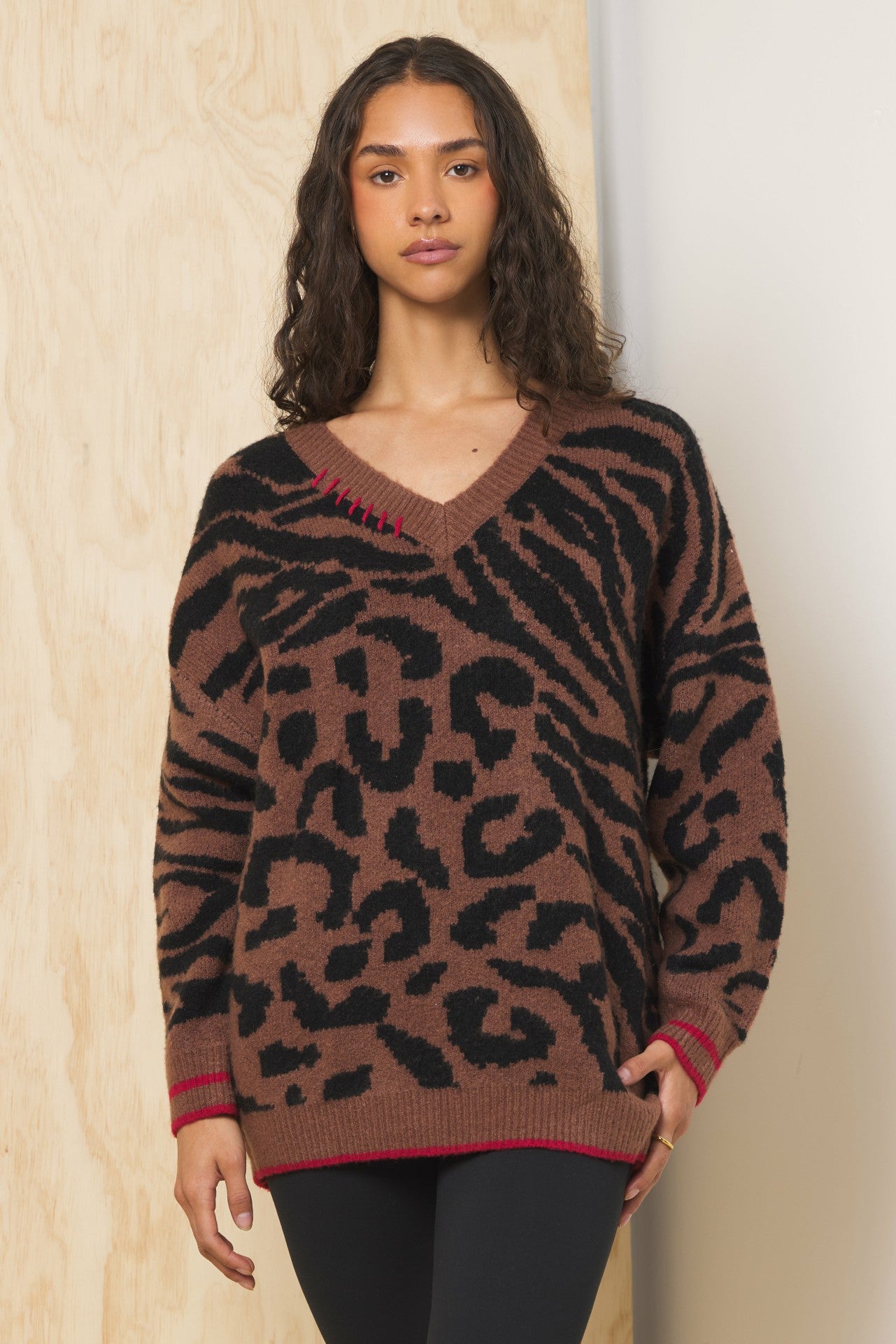 V Neck Jacquard Sweater | Vintage Havana Clothing