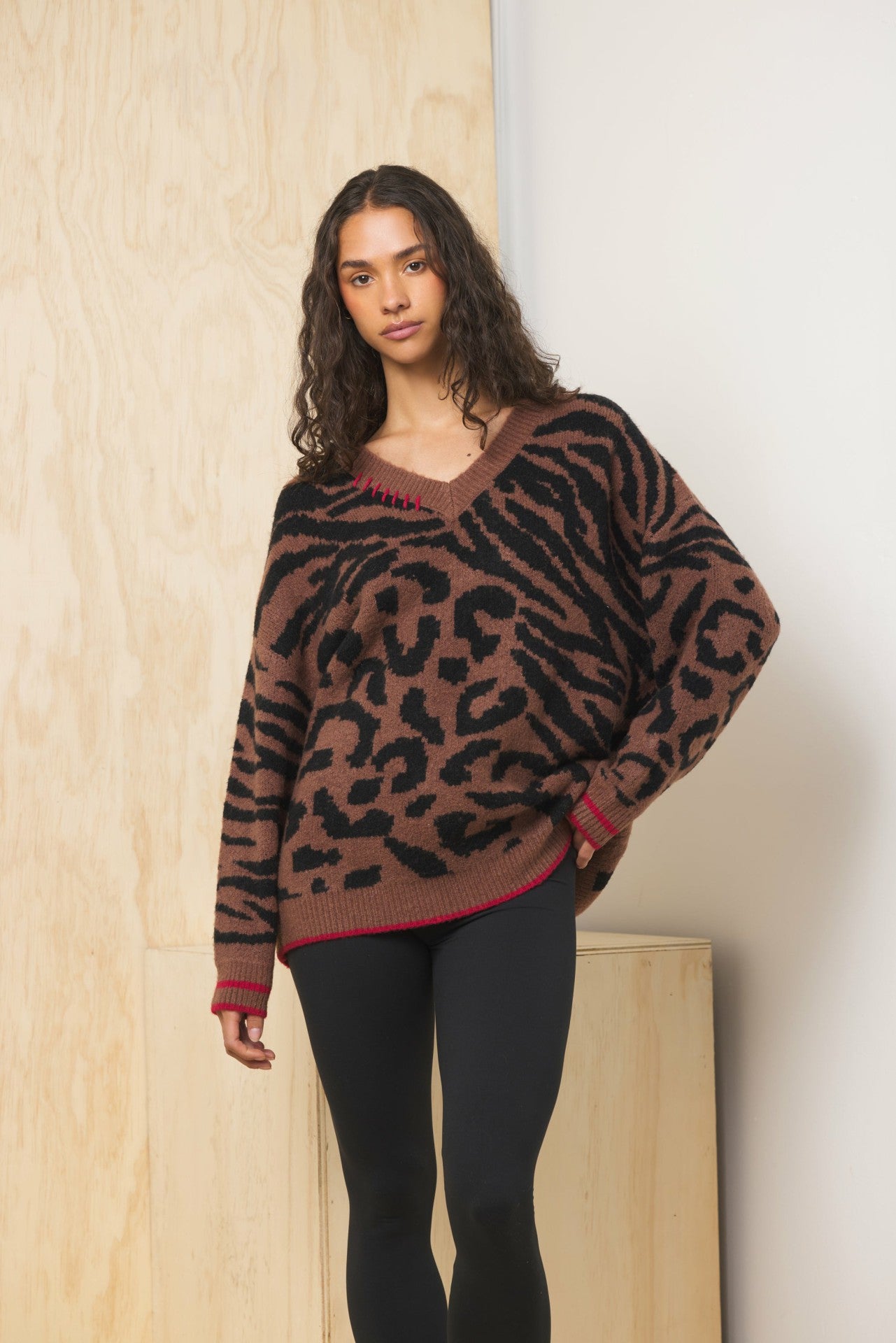 V Neck Jacquard Sweater | Vintage Havana Clothing