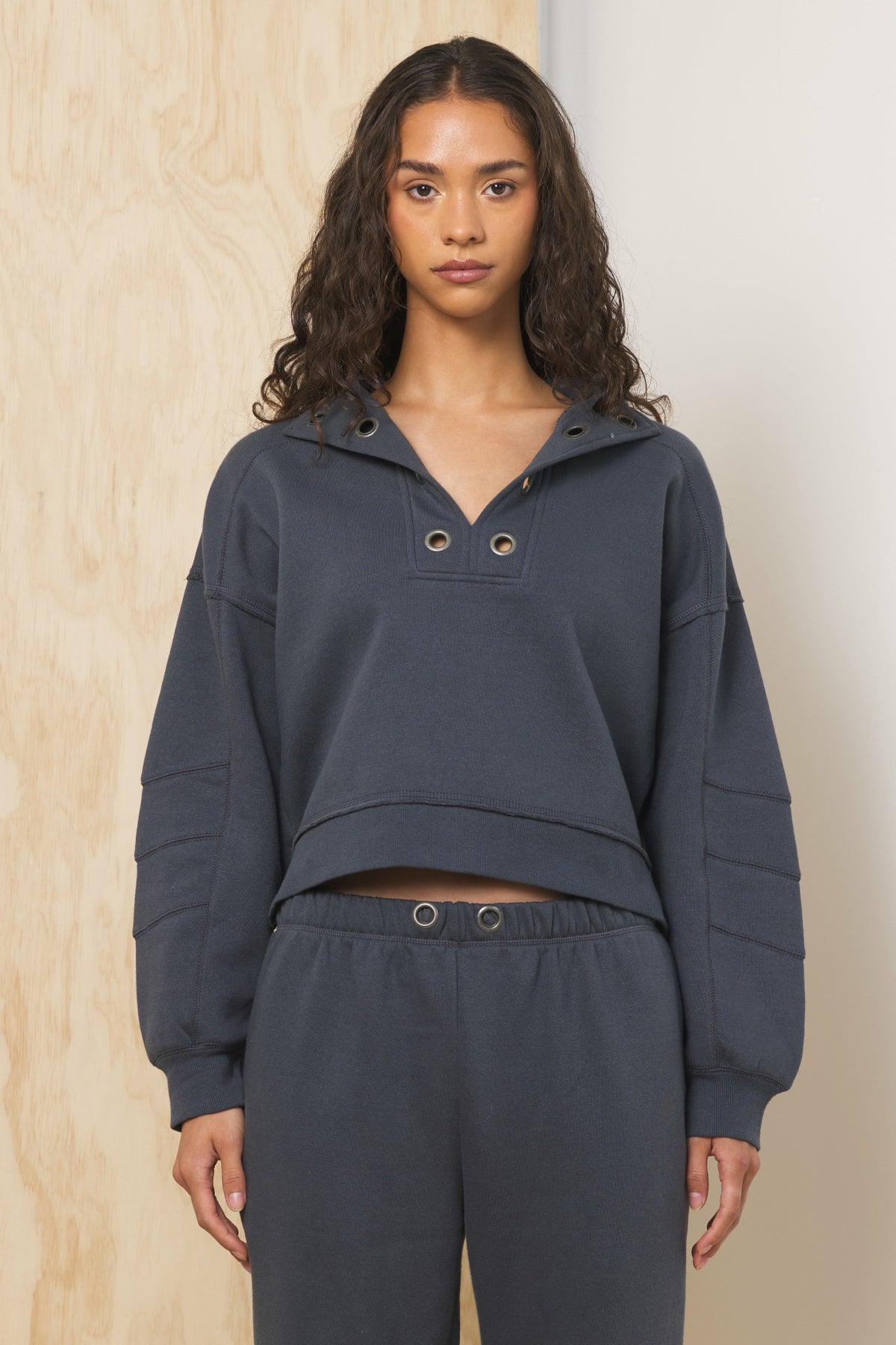 Surf Wash Henley Sweatshirt in Charcoal | Vintage Havana Clothing